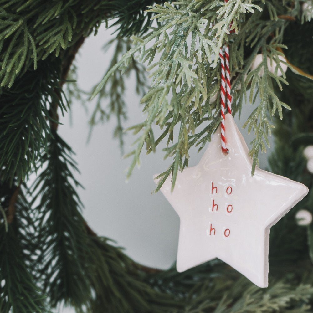 Ceramic Christmas Star Ornament 'ho ho ho' red