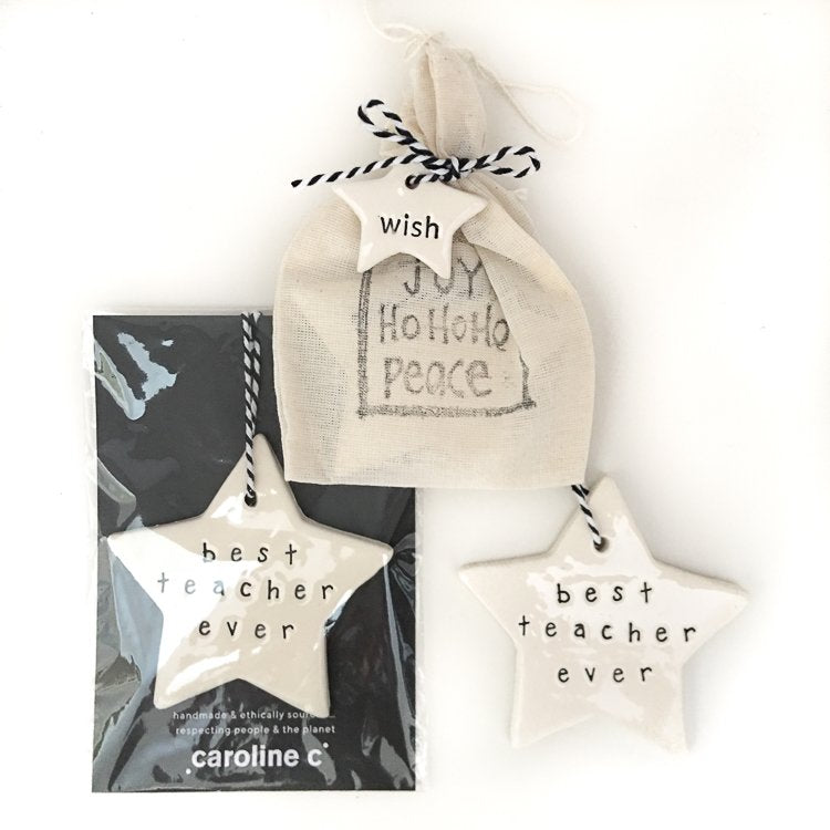 Ceramic Christmas Star Ornament 'best teacher ever' black in cotton bag