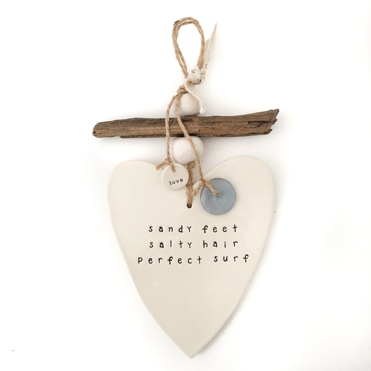 Handmade ceramic heart wall hanging cream 'sandy feet, salty hair, perfect surf'