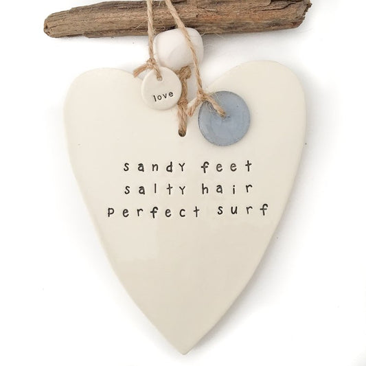 Handmade ceramic heart wall hanging cream 'sandy feet, salty hair, perfect surf'