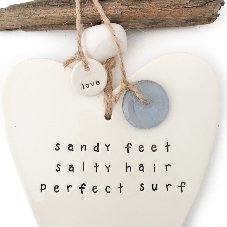 Handmade ceramic heart wall hanging cream 'sandy feet, salty hair, perfect surf'