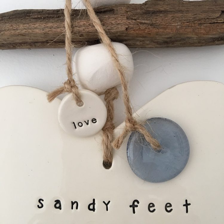 Handmade ceramic heart wall hanging cream 'sandy feet, salty hair, perfect surf'