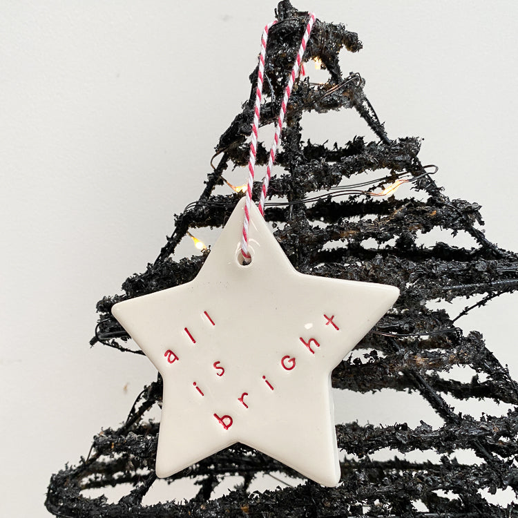 Ceramic Christmas Star Ornament ‘all is bright’ red