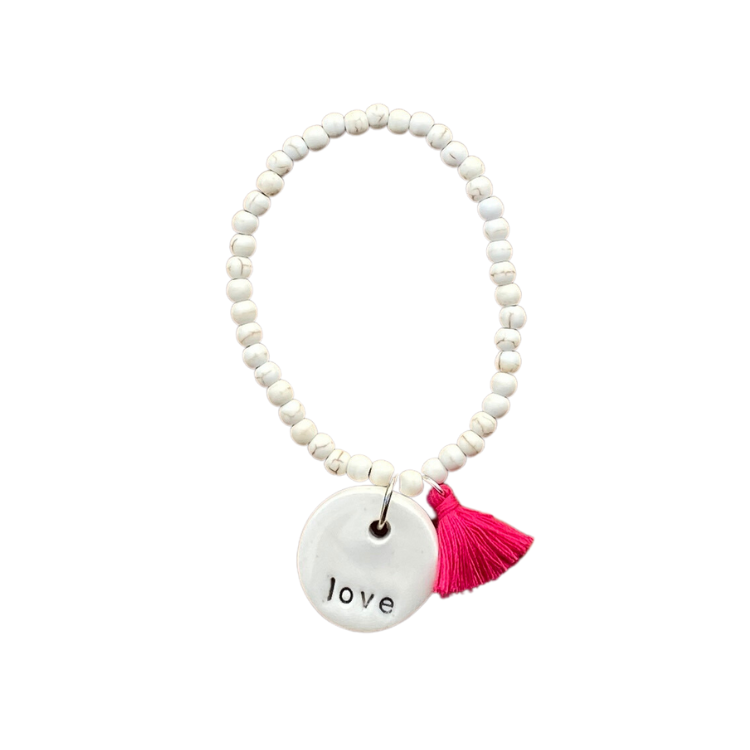 Bracelet Cream with Pink Tassel 3 mm