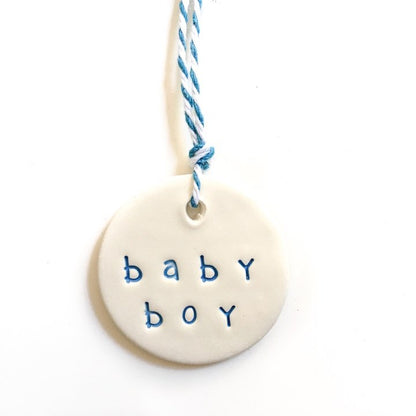 Handmade ceramic tag circle baby boy & baby girl