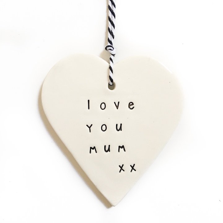 Handmade ceramic tag heart 'love you mum' black