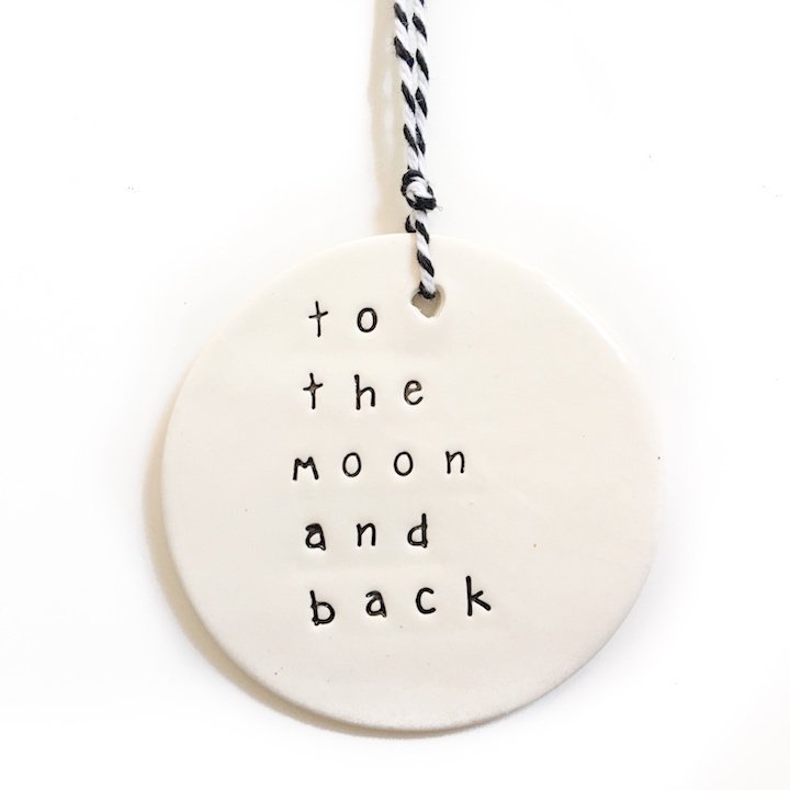 Handmade ceramic tag circle to the moon and back