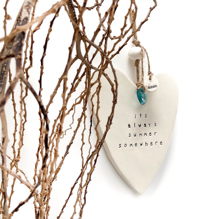 Handmade ceramic heart wall hanging 'its always summer somewhere'