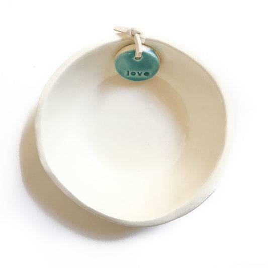 Ceramic gift for mum little bowl cream aqua tag 'love'