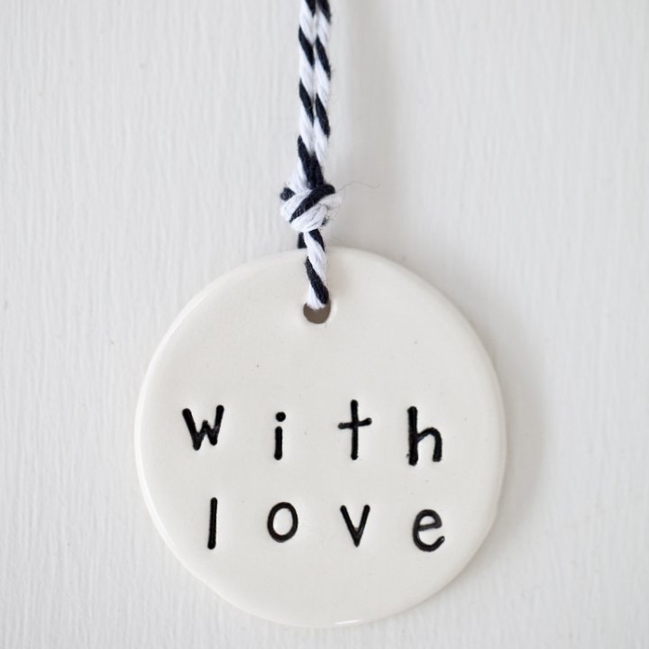 Handmade ceramic tag circle with love
