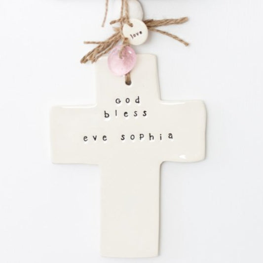 Handmade Ceramic Cross 'God bless' personalised