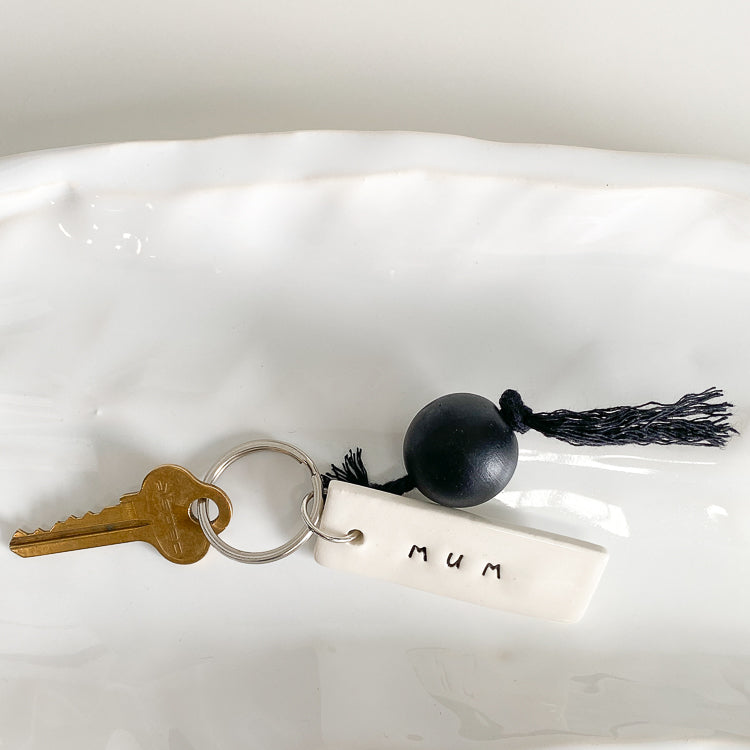 Ceramic keyring 'mum' with black bead + tassel