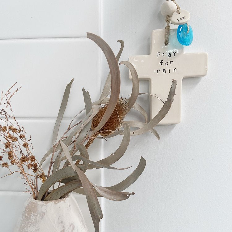 Handmade Ceramic Cross Wall Hanging 'Pray for Rain' (LIMITED STOCK)