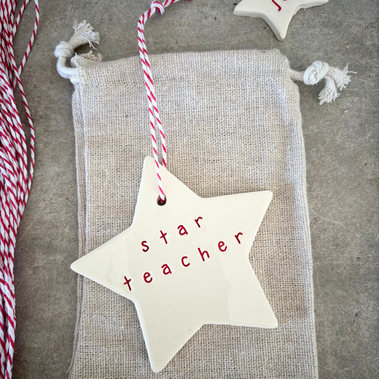 Ceramic Christmas Star Ornament 'star teacher' red