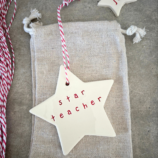 Ceramic Christmas Star Ornament 'star teacher' red