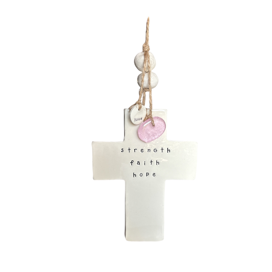 Handmade ceramic cross 'strength faith hope '