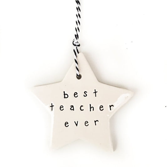 Ceramic Christmas Star Ornament 'best teacher ever' black in cotton bag