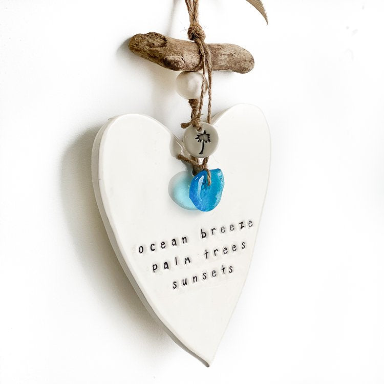 Handmade ceramic heart wall hanging 'ocean breeze, palm trees, sunsets'