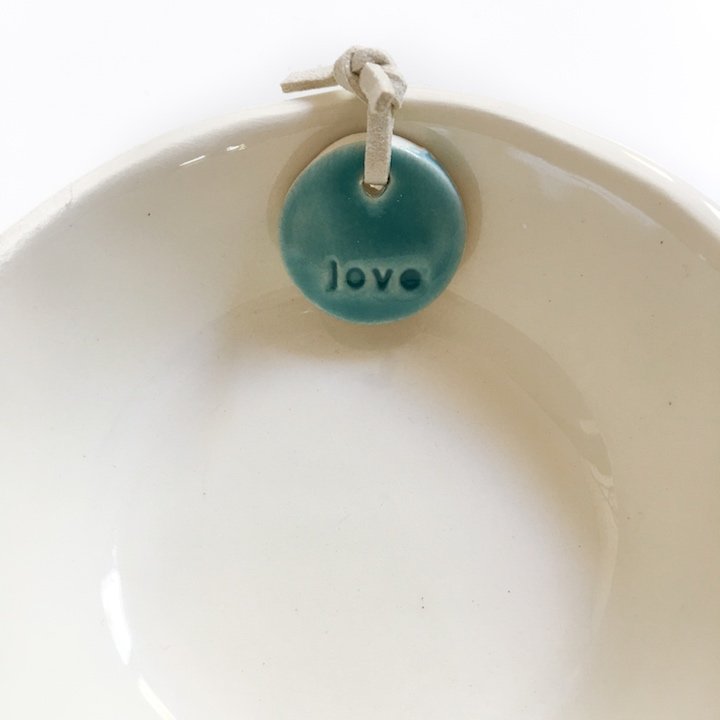 Ceramic gift for mum little bowl cream aqua tag 'love'