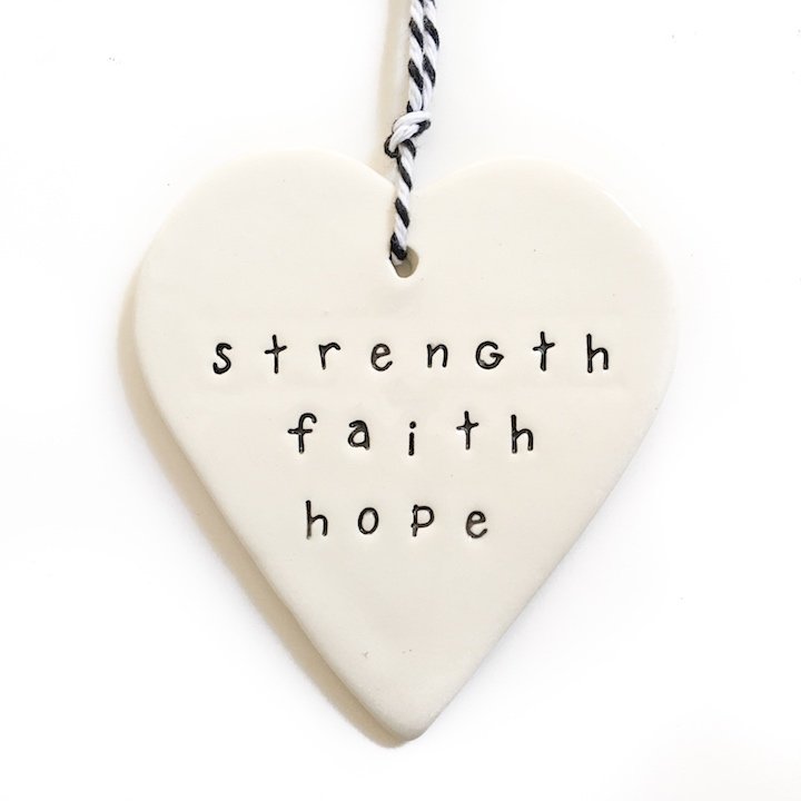 Handmade ceramic tag heart 'strength faith hope'