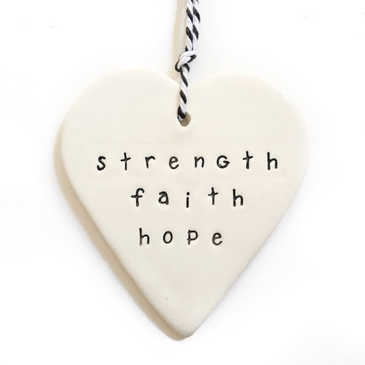 Handmade ceramic tag heart 'strength faith hope'