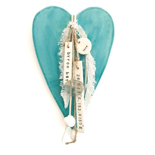 Handmade Ceramic Heart Wall Hanging Aqua with Longitude/Latitude Coordinates