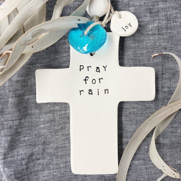 Handmade Ceramic Cross Wall Hanging 'Pray for Rain' (LIMITED STOCK)